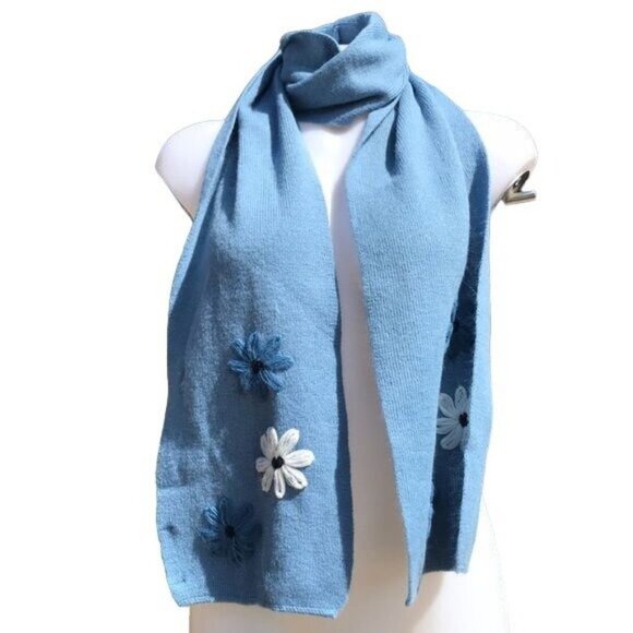 Vintage Y2K Hippie Light Blue Embroidered Floral Scarf Wide One Size - Picture 5 of 5